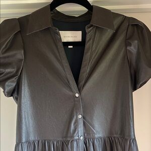 Brochu Walker Brown Vegan Leather Button-Up Dress with Puff Sleeves
